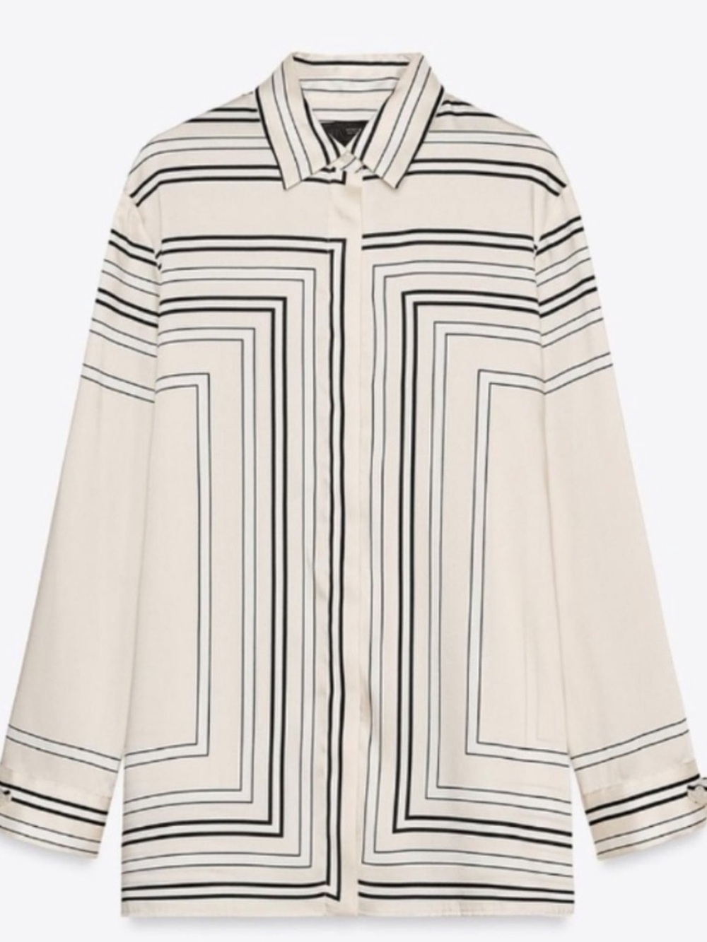 Zara Cream Button-Front Blouse with Black Geometric Lines